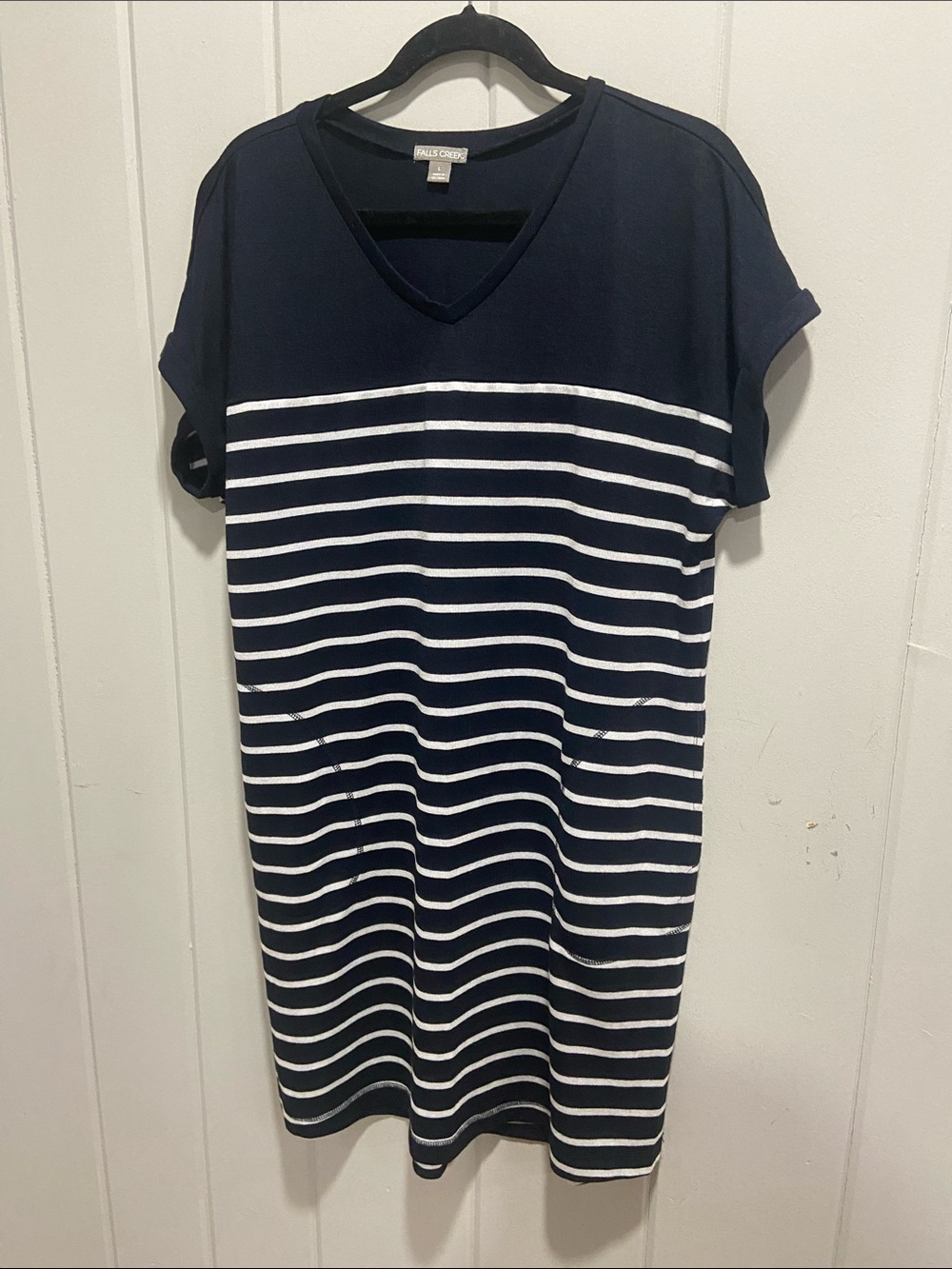 Falls Creek Navy & White Striped V-Neck Midi Dress